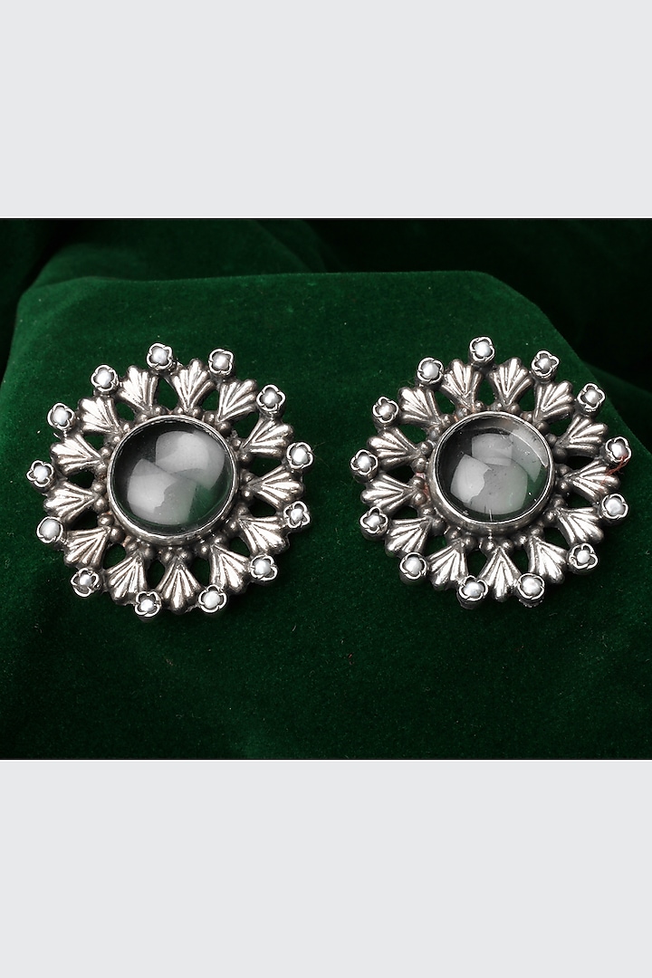 Silver Finish Onyx Stud Earrings In Sterling Silver by Sangeeta Boochra