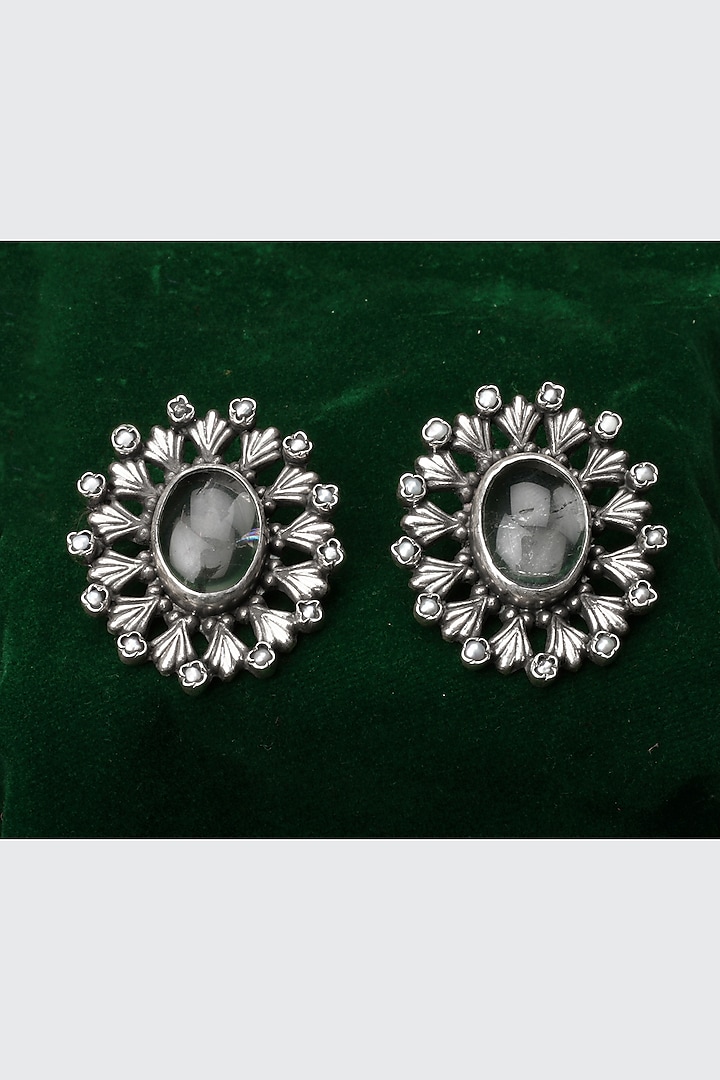 Silver Finish Kundan Polki & Onyx Drop Earrings In Sterling Silver by Sangeeta Boochra