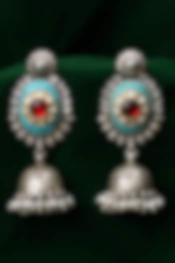 Silver Finish Kundan Polki & Turquoise Stone Drop Earrings In Sterling Silver by Sangeeta Boochra