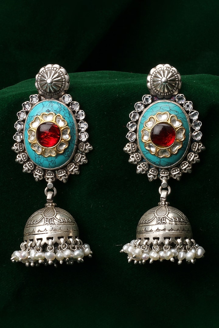Silver Finish Kundan Polki & Turquoise Stone Drop Earrings In Sterling Silver by Sangeeta Boochra