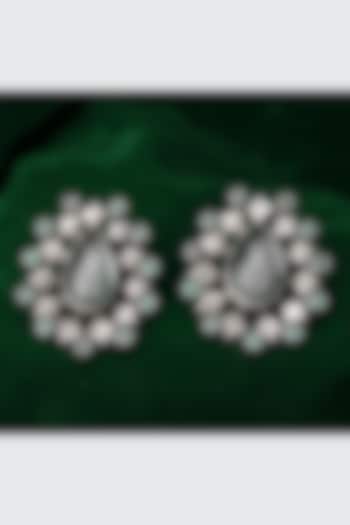 Silver Finish Emerald Gemstone & Onyx Stud Earrings In Sterling Silver by Sangeeta Boochra