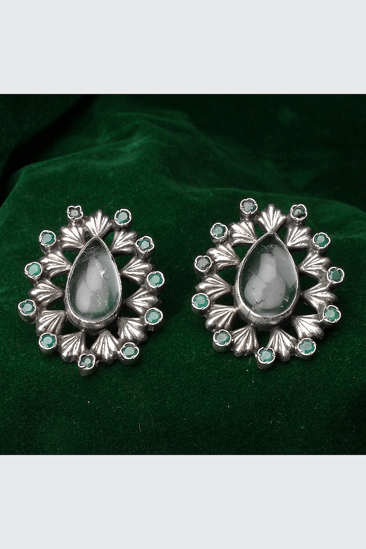 Silver Finish Emerald Gemstone & Onyx Stud Earrings In Sterling Silver by Sangeeta Boochra