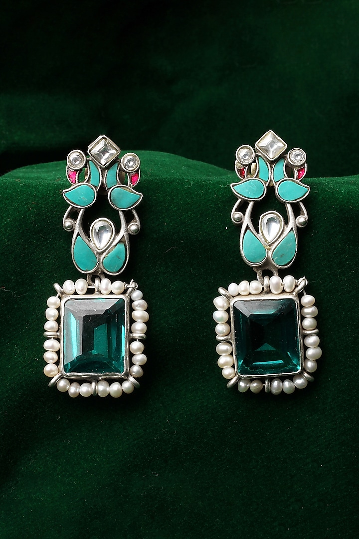 Silver Finish Kundan Polki & Blue Topaz Drop Earrings In Sterling Silver by Sangeeta Boochra