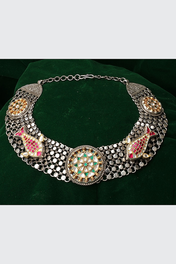 Silver Finish Kundan Polki Handcrafted Necklace In Sterling Silver by Sangeeta Boochra