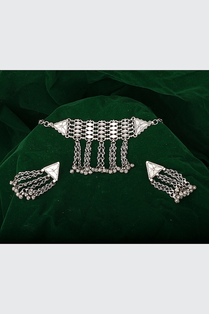 Silver Finish Motif & Gemstone Necklace Set In Sterling Silver by Sangeeta Boochra