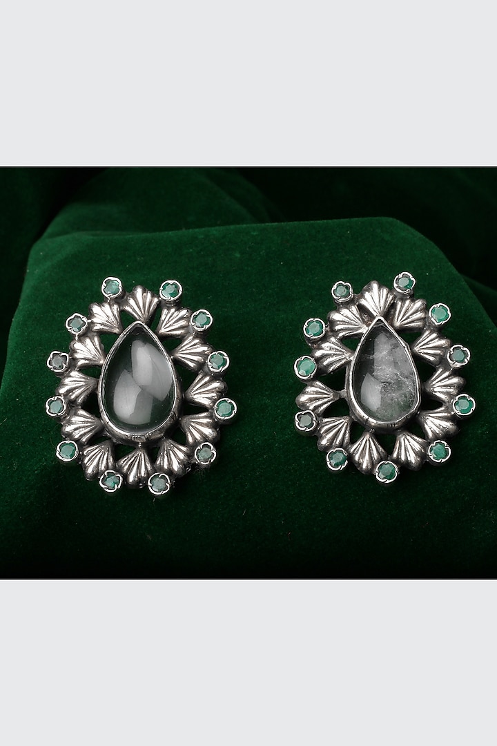 Silver Finish Labradorite & Emerald Stud Earrings In Sterling Silver by Sangeeta Boochra