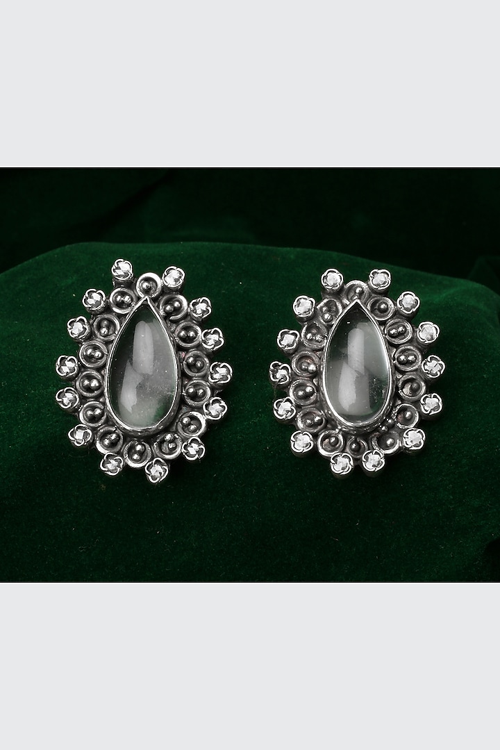 Oxidized Silver Finish Labradorite & Motif Stud Earrings In Sterling Silver by Sangeeta Boochra