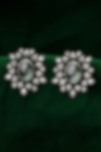 Oxidized Silver Finish Rose Quartz Stud Earrings In Sterling Silver by Sangeeta Boochra