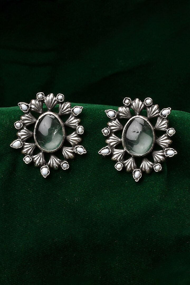 Oxidized Silver Finish Rose Quartz Stud Earrings In Sterling Silver by Sangeeta Boochra