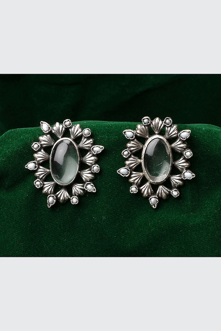 Oxidized Silver Finish Onyx Stud Earrings In Sterling Silver by Sangeeta Boochra