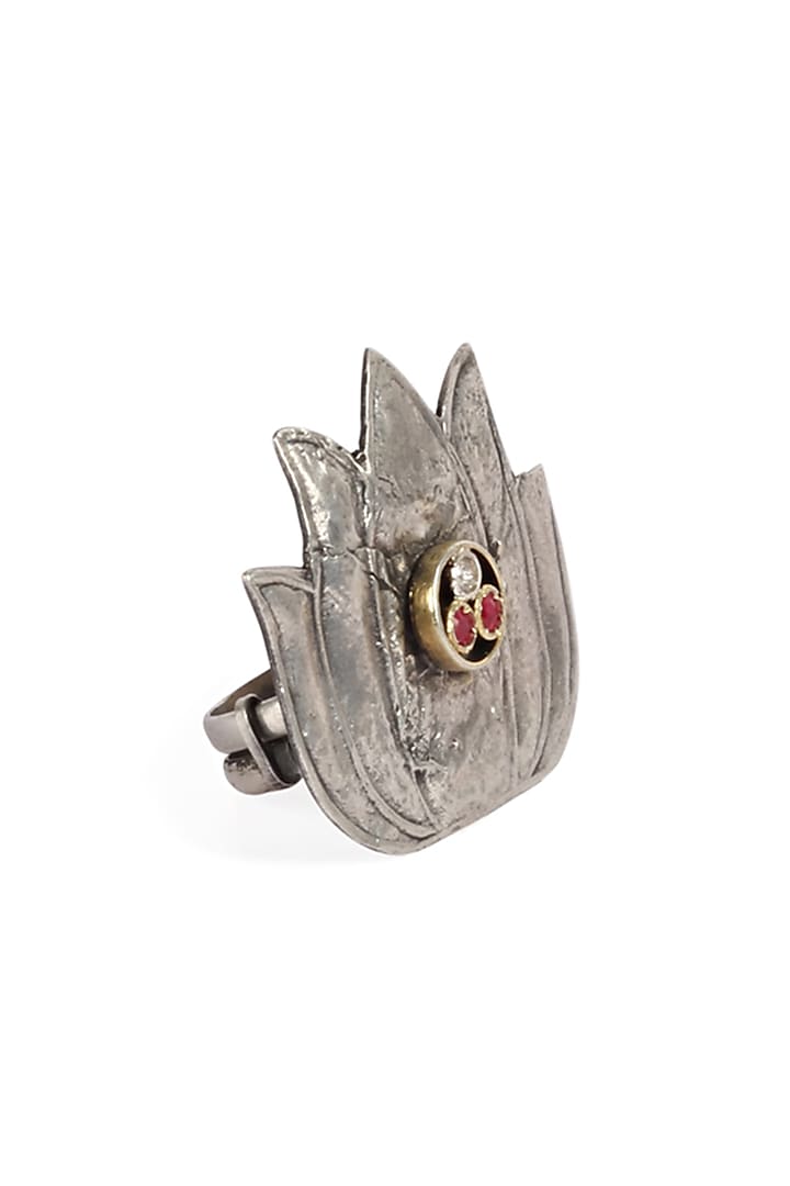 Silver Finish Ruby Stone Lotus Ring In Sterling Silver by Sangeeta Boochra