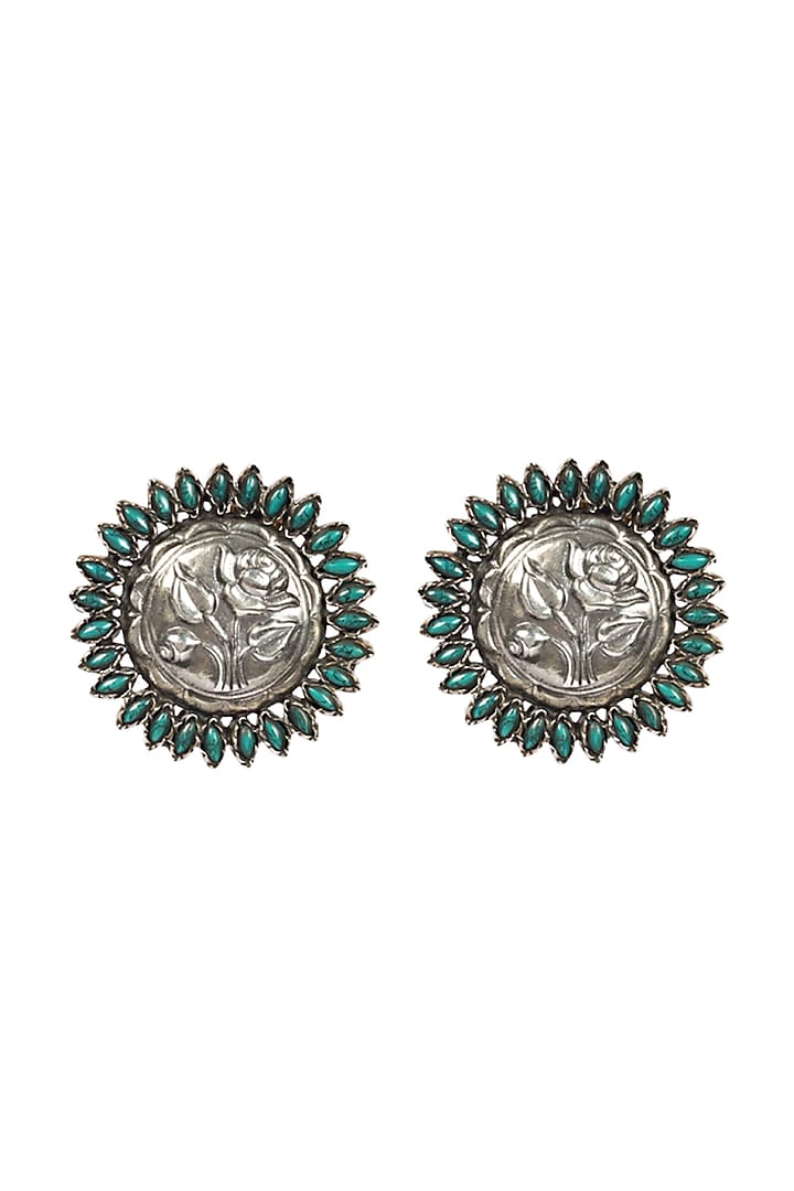 Silver Finish Turquoise Stone Stud Earrings In Sterling Silver by Sangeeta Boochra