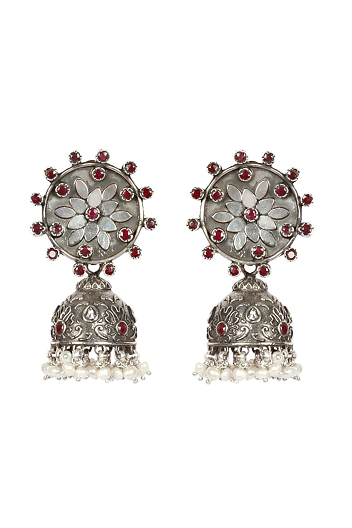Silver Finish Ruby Stone Jhumka Earrings In Sterling Silver by Sangeeta Boochra