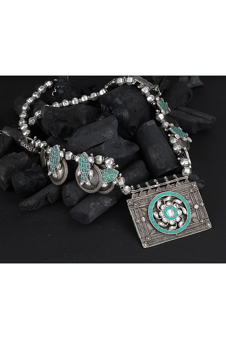 Oxidised Silver Finish Turquoise Beaded Necklace In Sterling Silver by Sangeeta Boochra