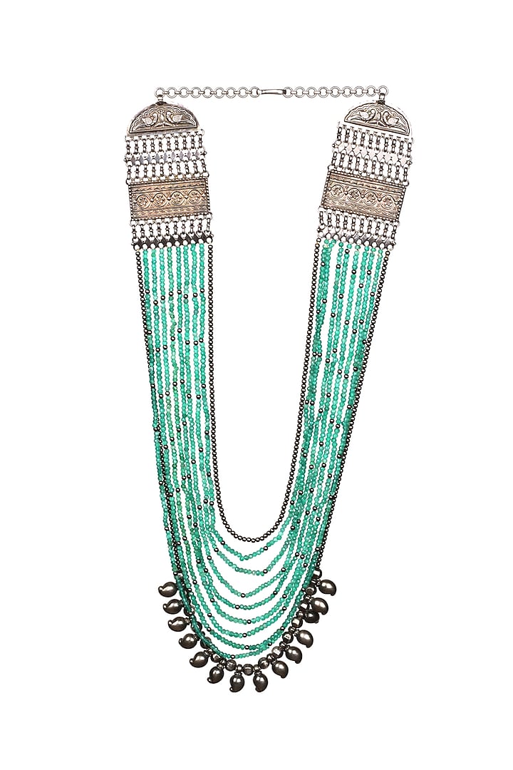 Oxidised Silver Finish Green Onyx Necklace In Sterling Silver by Sangeeta Boochra