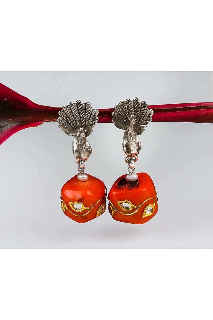 Silver Coral Red Stone Handcrafted Earrings In Sterling Silver by Sangeeta Boochra