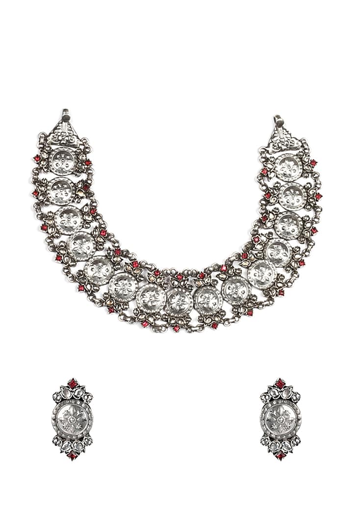 Oxidised Silver Finish Ruby Necklace In Sterling Silver by Sangeeta Boochra