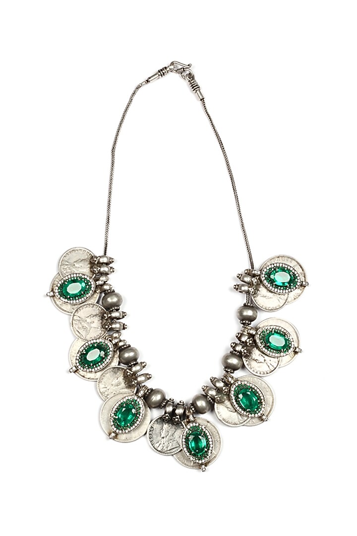 Silver Oxidised Finish Emerald Necklace In Sterling Silver by Sangeeta Boochra at Pernia's Pop Up Shop