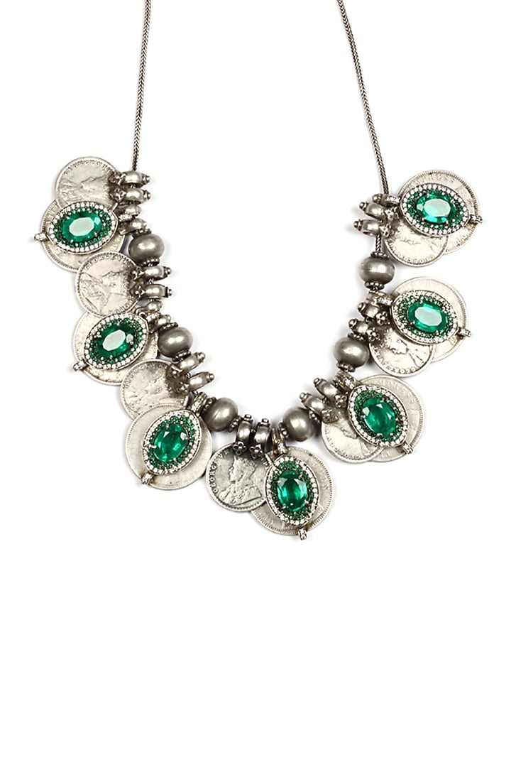 Silver Oxidised Finish Emerald Necklace In Sterling Silver by Sangeeta Boochra at Pernia's Pop Up Shop