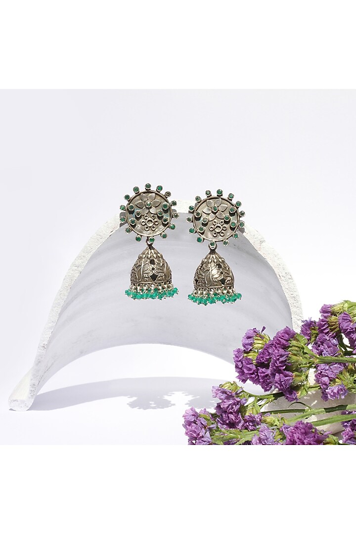 Silver Oxidised Finish Green Onyx Dangler Earrings In Sterling Silver by Sangeeta Boochra