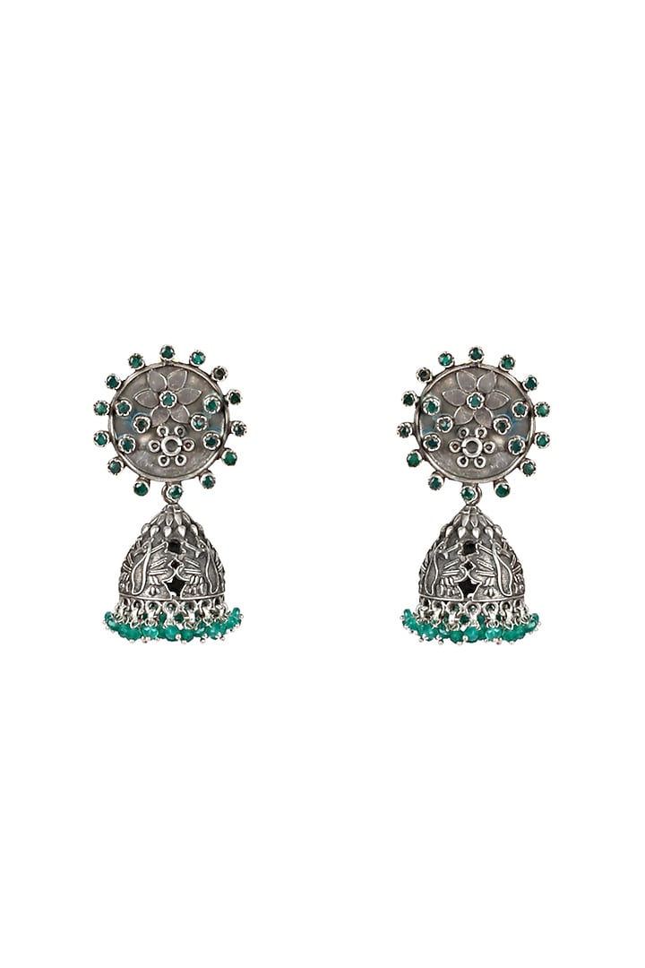Silver Oxidised Finish Green Onyx Dangler Earrings In Sterling Silver by Sangeeta Boochra at Pernia's Pop Up Shop