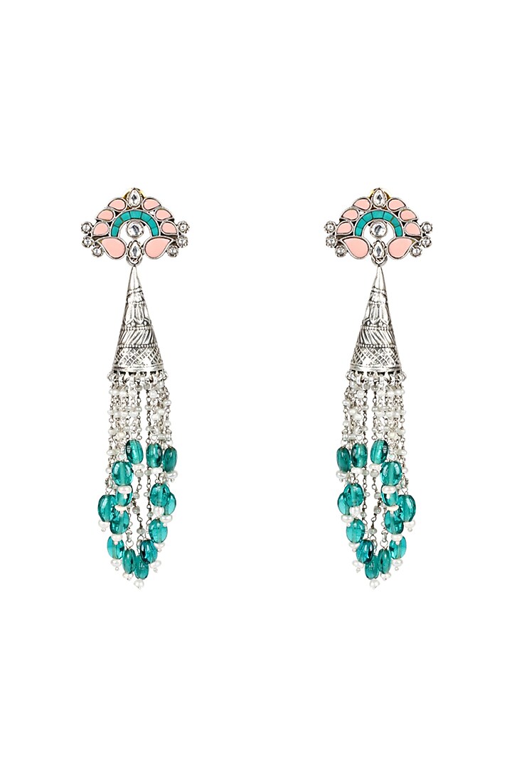 Silver Oxidised Finish Green Onyx Dangler Earrings In Sterling Silver by Sangeeta Boochra at Pernia's Pop Up Shop