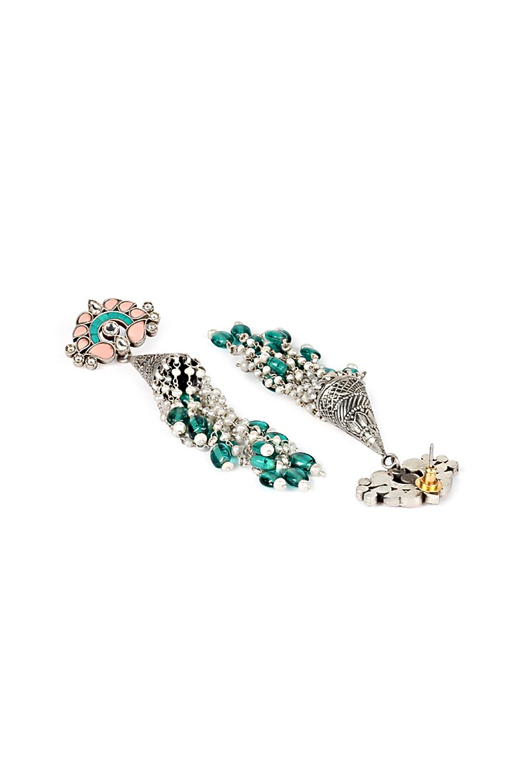 Silver Oxidised Finish Green Onyx Dangler Earrings In Sterling Silver by Sangeeta Boochra at Pernia's Pop Up Shop