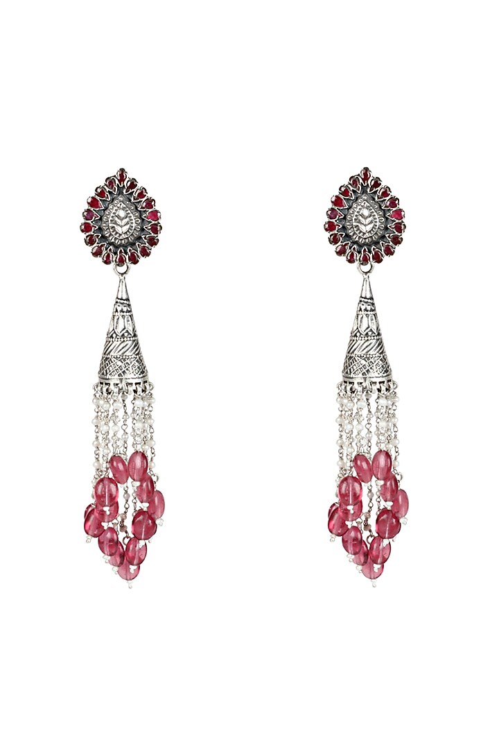 Silver Oxidised Finish Red Ruby Dangler Earrings In Sterling Silver by Sangeeta Boochra at Pernia's Pop Up Shop