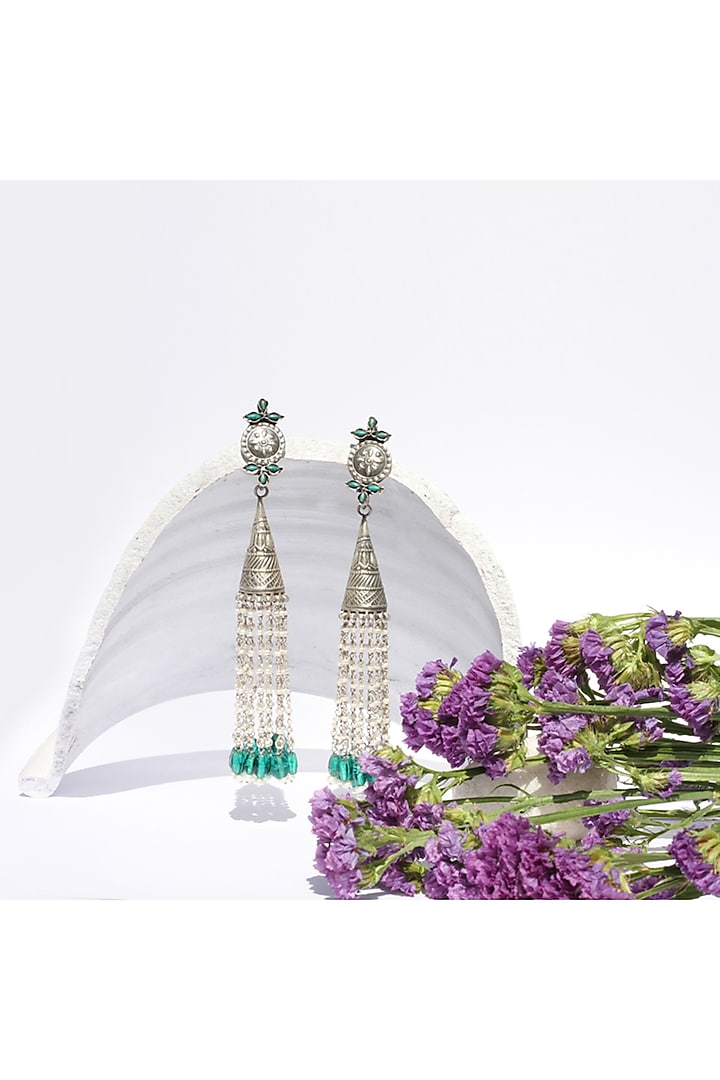 Silver Oxidised Finish Turquoise Dangler Earrings In Sterling Silver by Sangeeta Boochra