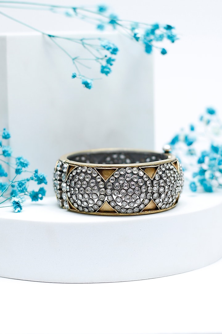 Black Rhodium Finish Checkered Stone Bracelet by Sangeeta Boochra