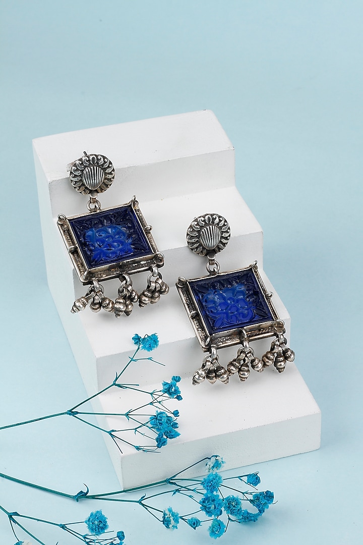 Black Rhodium Finish Blue Carved Stone Dangler Earrings by Sangeeta Boochra