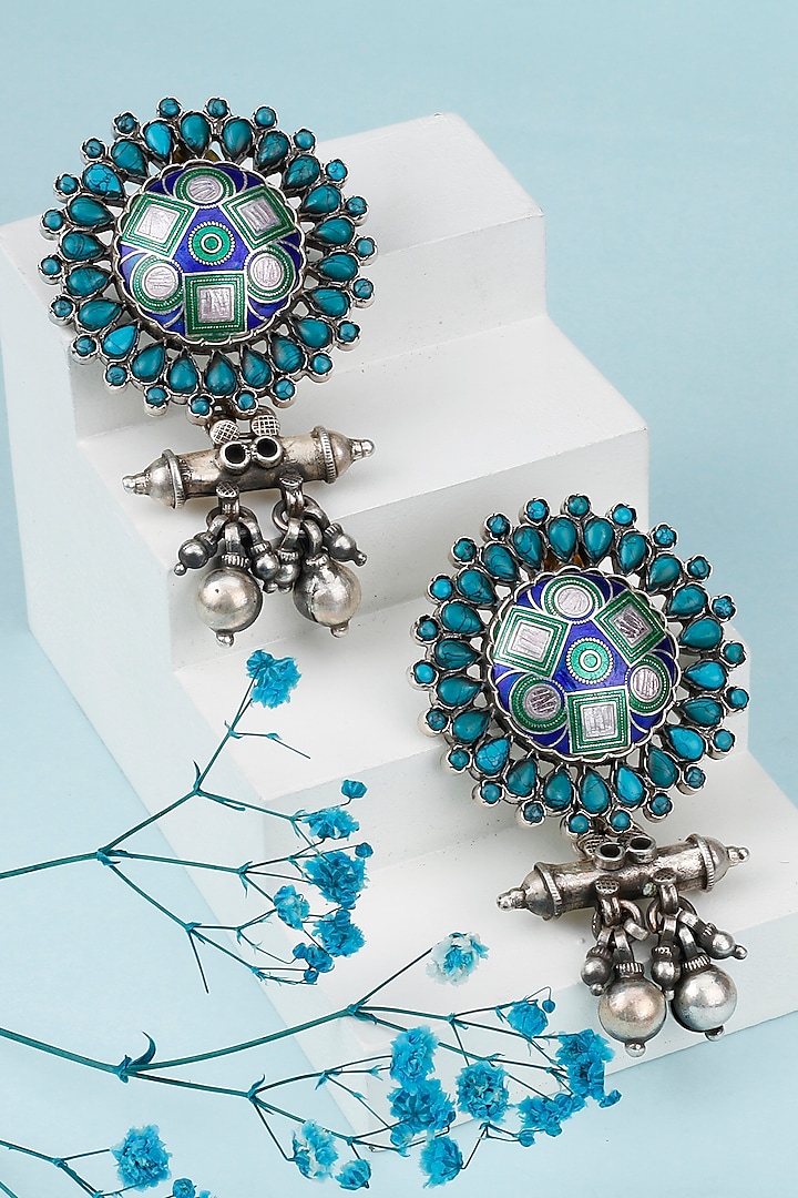 Black Rhodium Finish Turquoise Gemstone Meenakari Dangler Earrings by Sangeeta Boochra