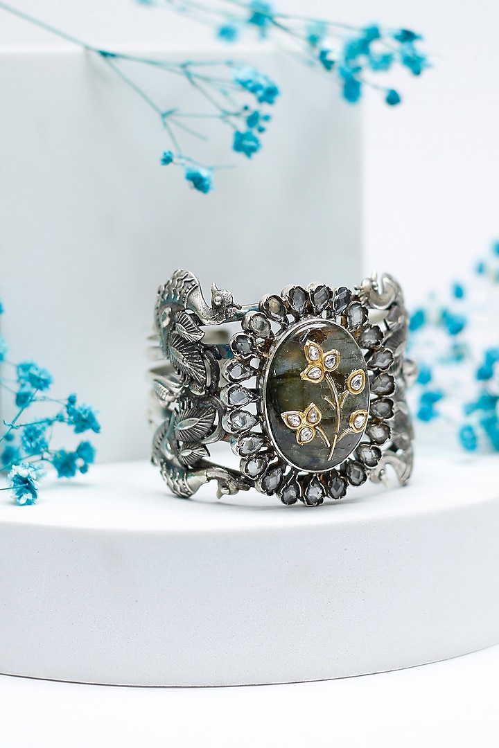 Black Rhodium Finish Labradorite Gemstone Cuff Bracelet by Sangeeta Boochra