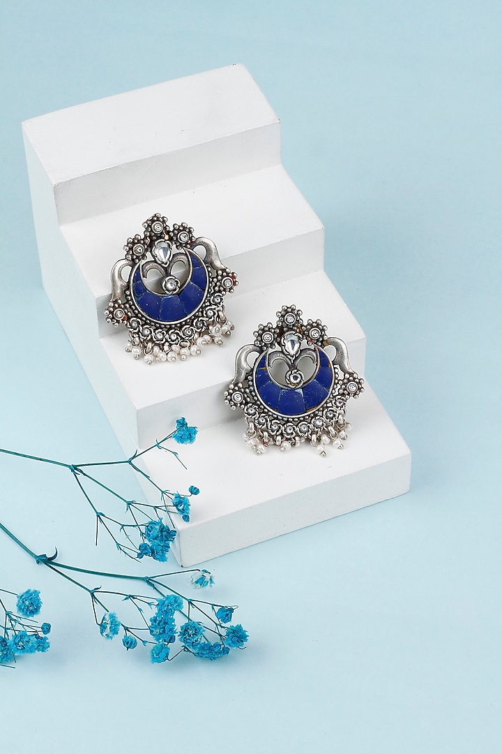 Black Rhodium Finish Blue Lapis & Kundan Chandbali Earrings by Sangeeta Boochra at Pernia's Pop Up Shop