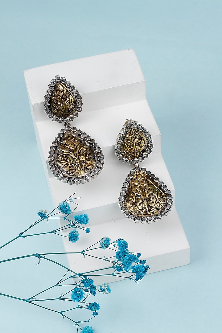 Gold Plated Checkered Stone Dangler Earrings by Sangeeta Boochra