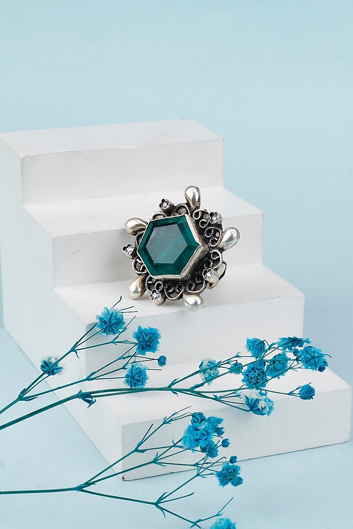 Black Rhodium Finish Faux Emerald Ring by Sangeeta Boochra