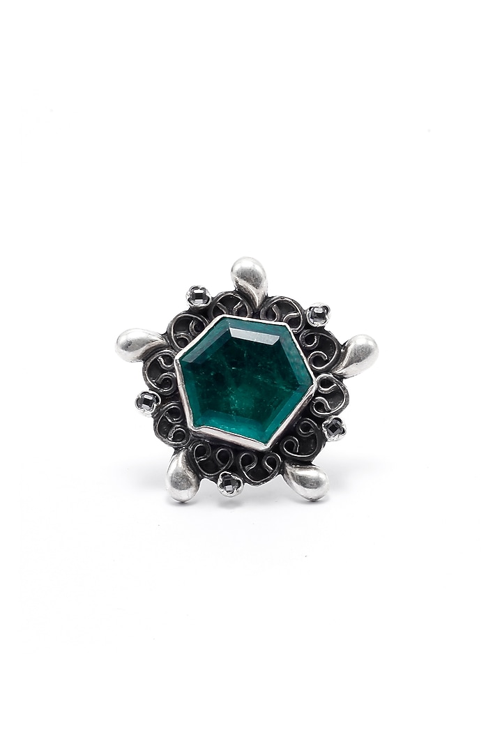 Black Rhodium Finish Faux Emerald Ring by Sangeeta Boochra at Pernia's Pop Up Shop