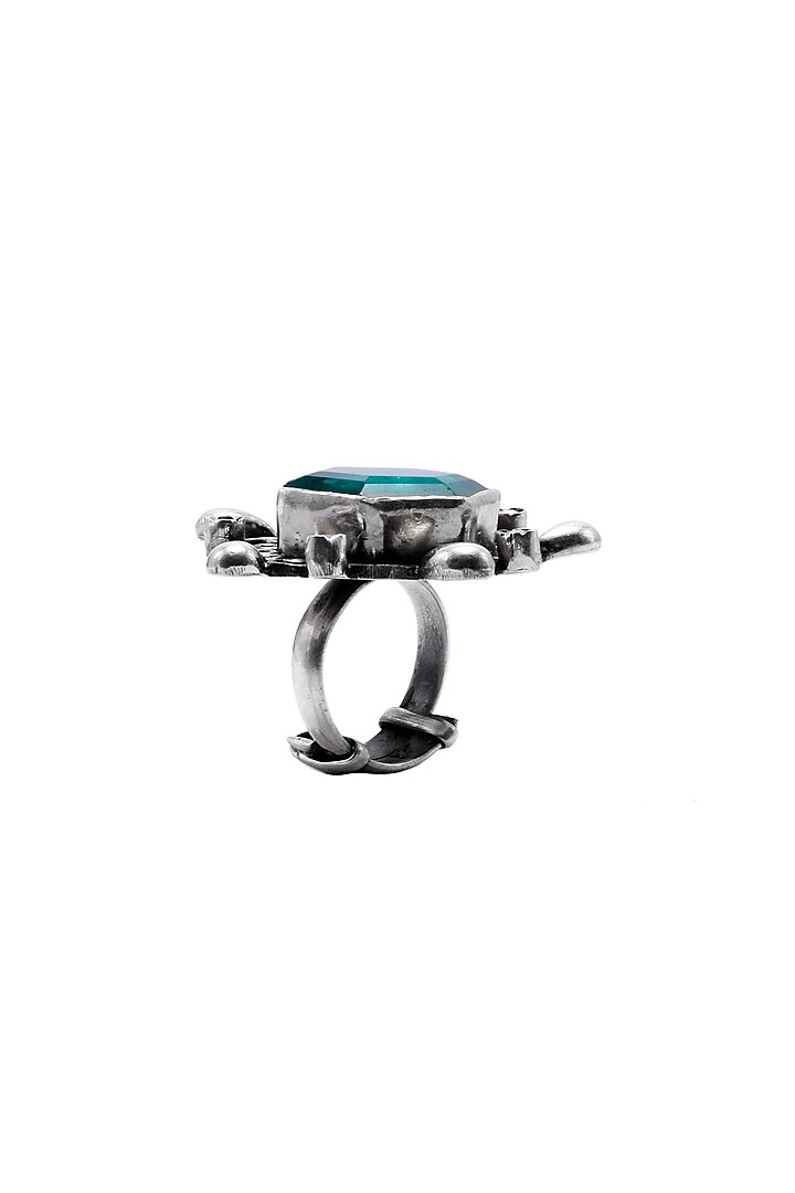 Black Rhodium Finish Faux Emerald Ring by Sangeeta Boochra at Pernia's Pop Up Shop