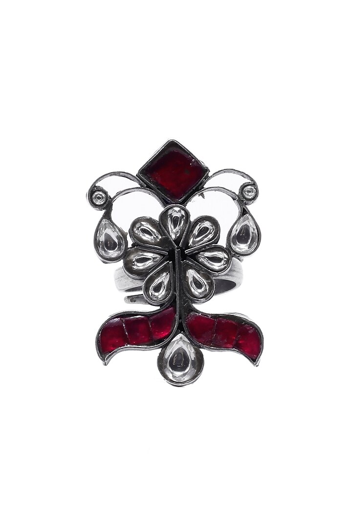 Black Rhodium Finish Kundan & Red Onyx Ring by Sangeeta Boochra at Pernia's Pop Up Shop