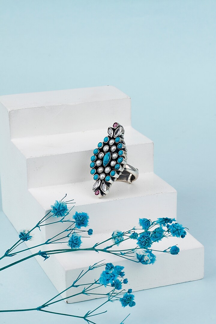 Black Rhodium Finish Turquoise Gemstone & Pearl Ring by Sangeeta Boochra