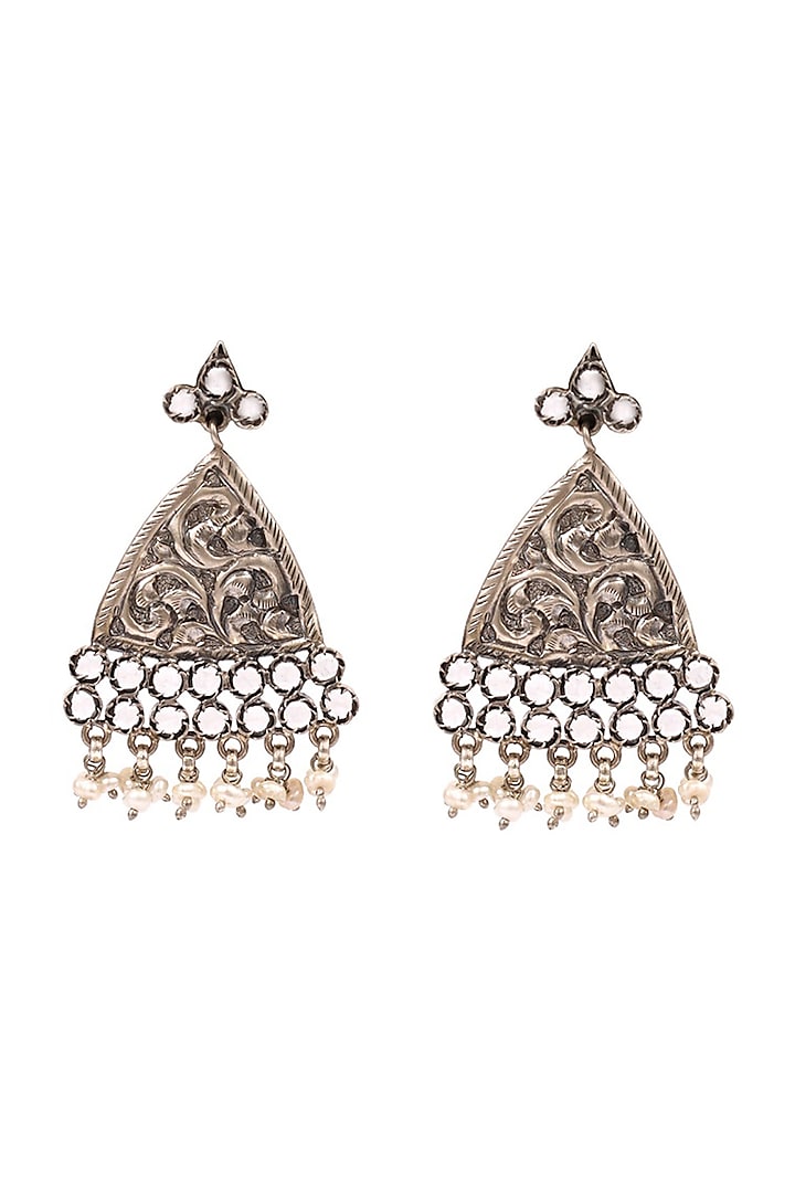 Silver Handcrafted Pearl Engraved Dangler Earrings In Sterling Silver by Sangeeta Boochra at Pernia's Pop Up Shop