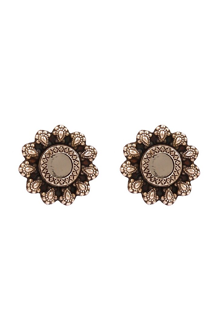 Silver Oxidised Handcrafted Engraved Glass Stud Earrings by Sangeeta Boochra