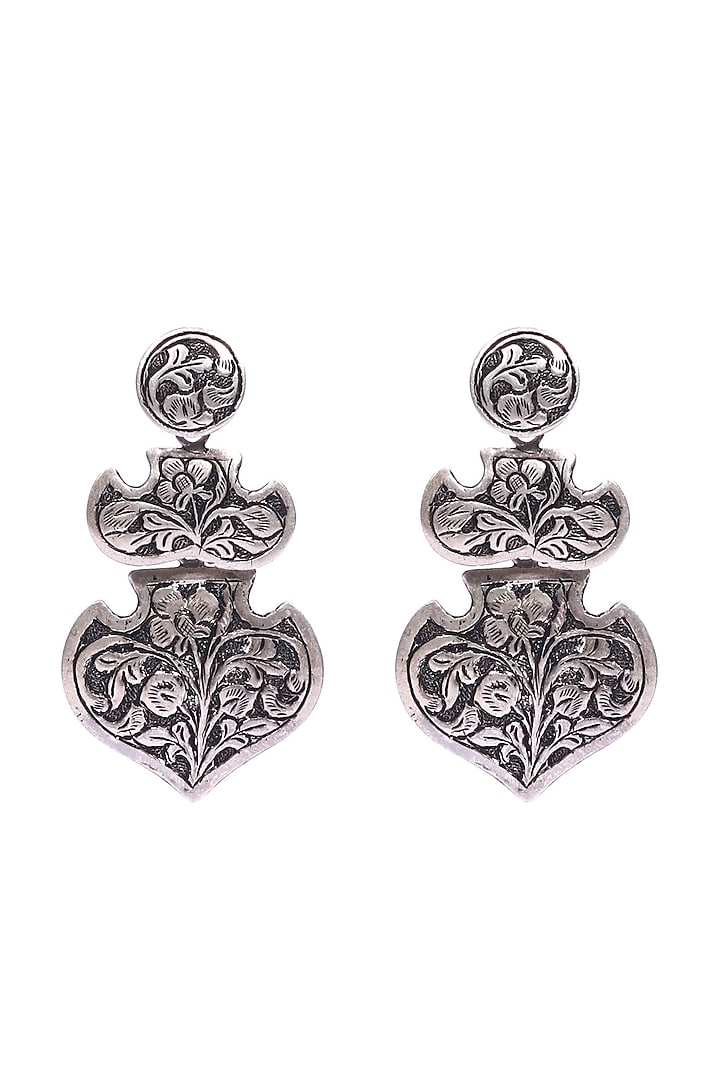 Silver Handcrafted Engraved Dangler Earrings In Sterling Silver by Sangeeta Boochra