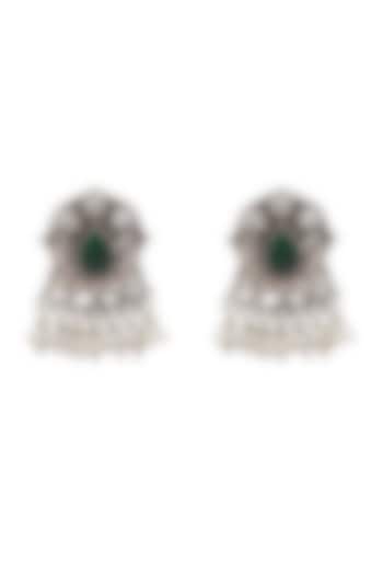 Silver Handcrafted Green Stone Dangler Earrings In Sterling Silver by Sangeeta Boochra