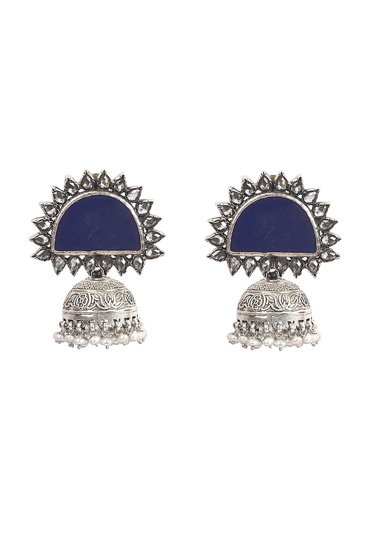 Silver Handcrafted Blue Stone Dangler Earrings In Sterling Silver by Sangeeta Boochra