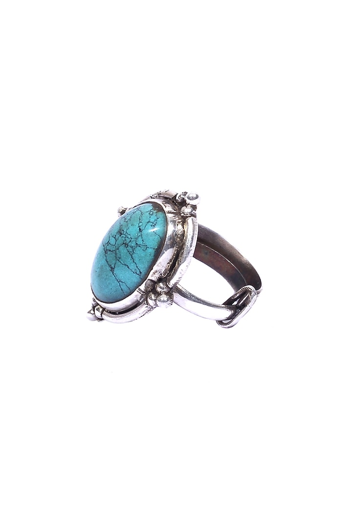 Silver Turquoise Stone Adjustable Ring In Sterling Silver by Sangeeta Boochra