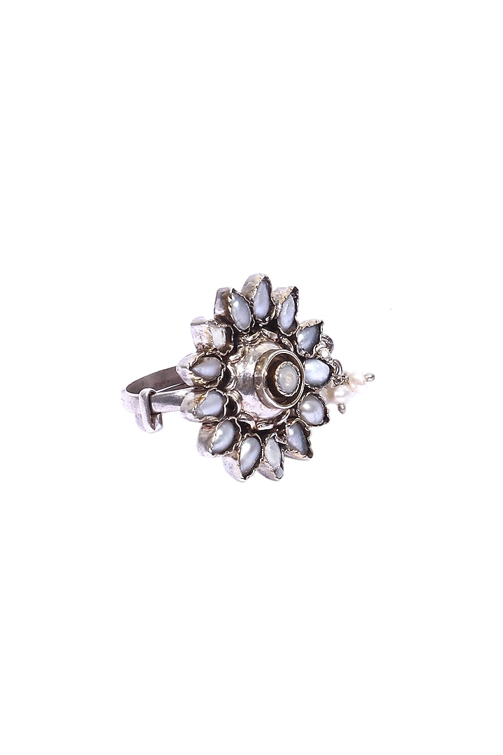 Silver Kundan Handcrafted Oxidized Adjustable Ring In Sterling Silver by Sangeeta Boochra
