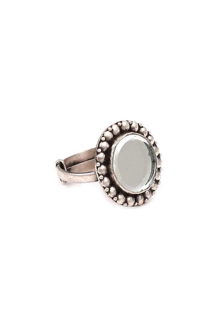 Silver Glass Handcrafted Oxidized Adjustable Ring In Sterling Silver by Sangeeta Boochra