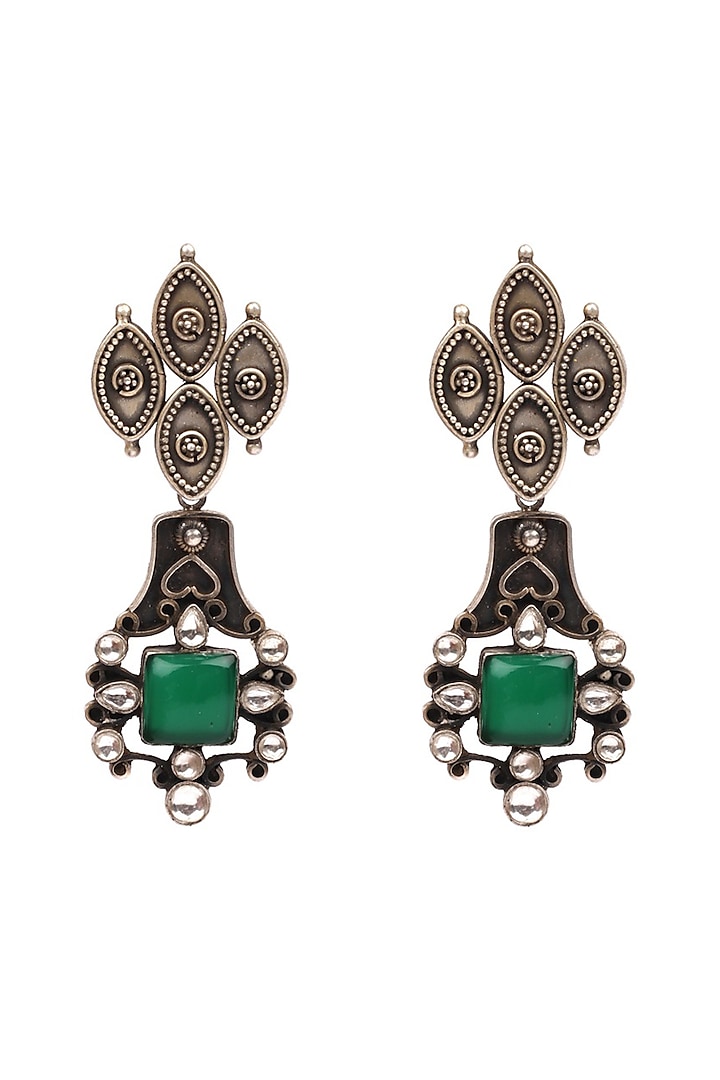 Silver Green Onyx Handcrafted Oxidized Earrings In Sterling Silver by Sangeeta Boochra