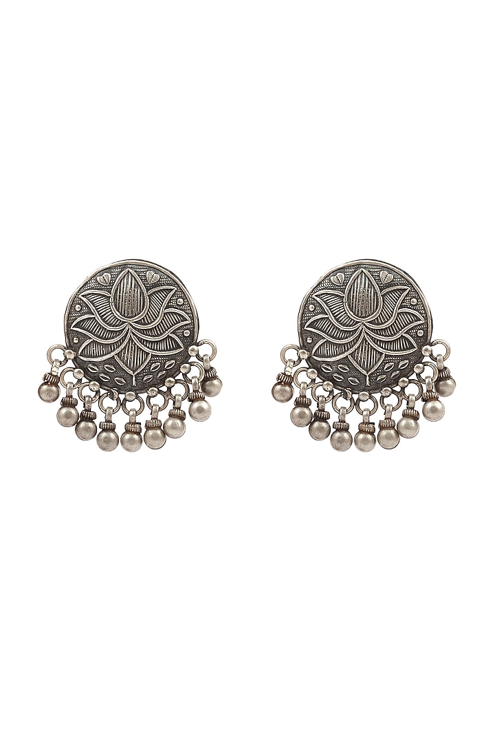 Silver Handcrafted Engraved Lotus Earrings In Sterling Silver by Sangeeta Boochra